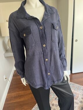 Rewind Navy Waffle-Knit Utility Shacket with Chest Pockets